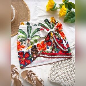 Soleia Women's Tropical Palm Tree & Bird Print Colorful Wrap-Style Skirt